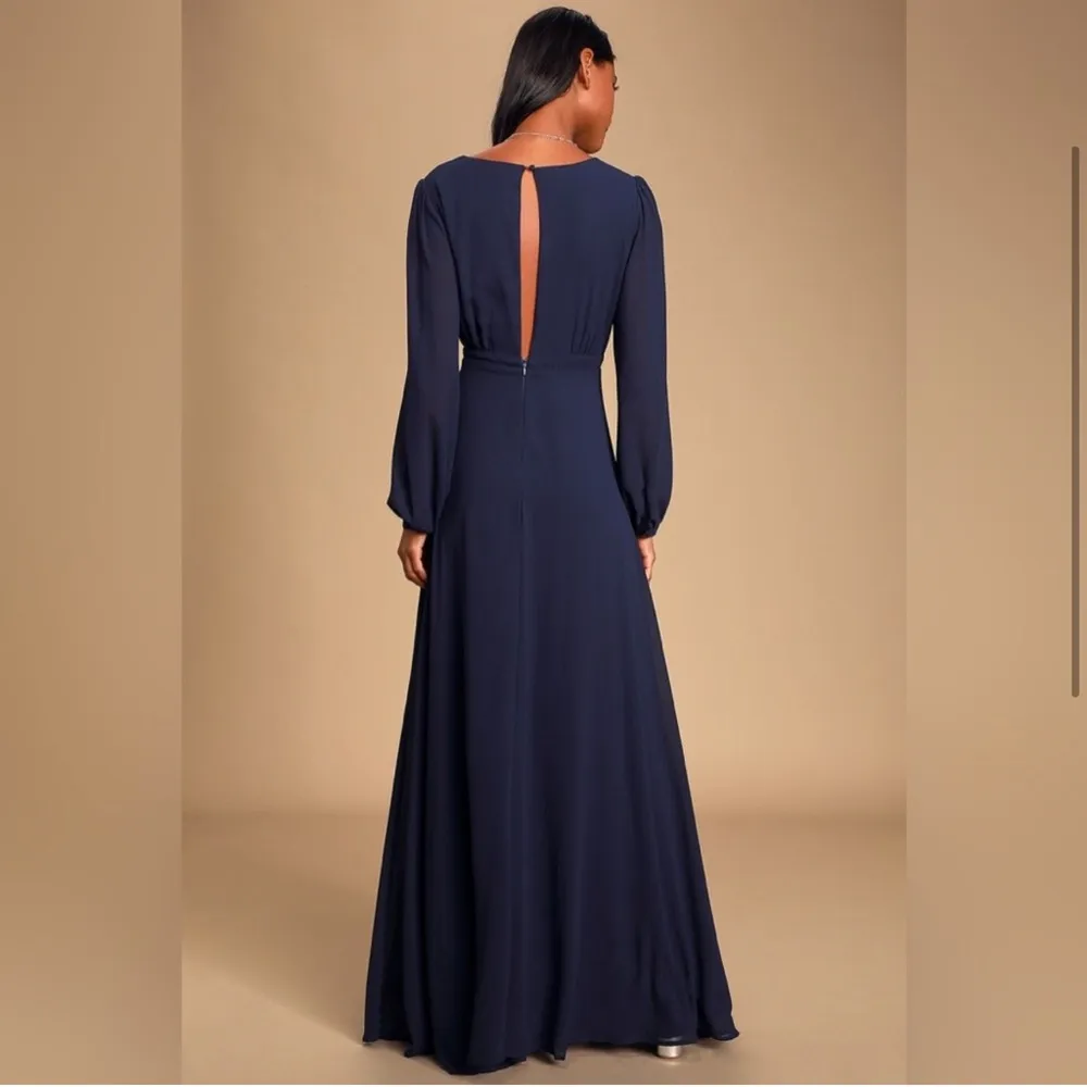 Lulu's All My Life Long Sleeve Maxi Dress w/ Slit - Navy Blue - M - Image 3