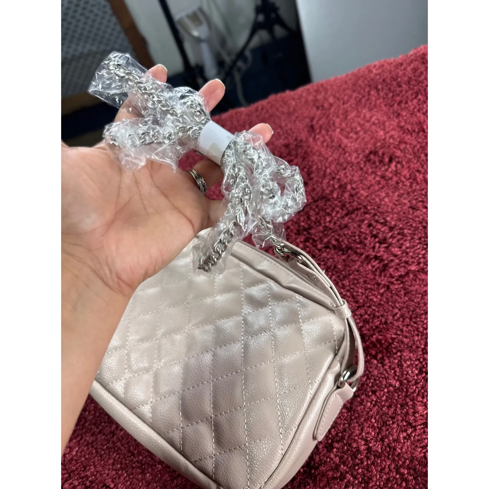 Bella Russo Quilted Crossbody Bag Chain Strap Neutral Beige Purse Tan - Image 11