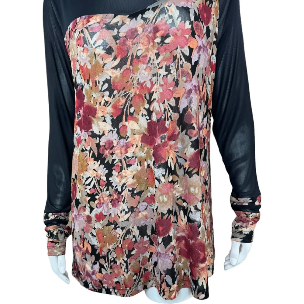 LOGO By Lori Goldstein Printed Sheer Top with Solid Details Medium Black - Image 3