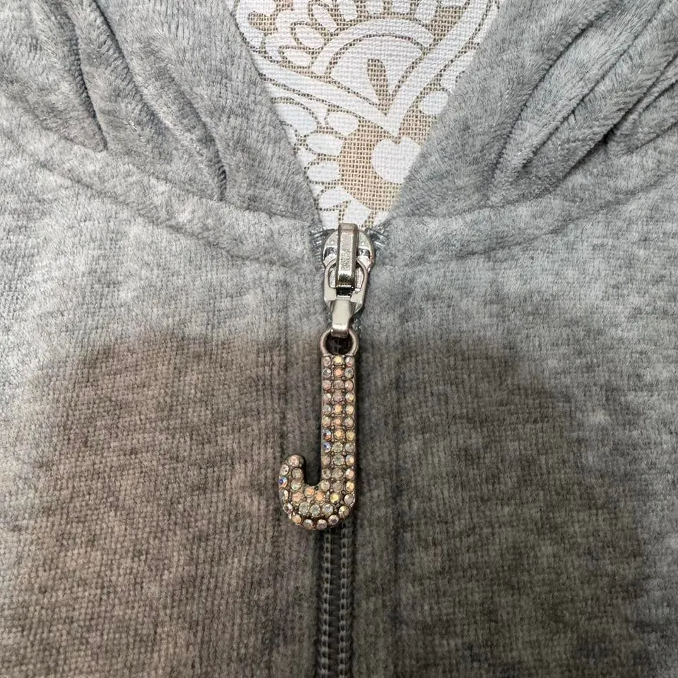 Juicy Couture Gray Zip Hoodie Rhinestone J Pull Y2K Streetwear Lounge Small - Image 4