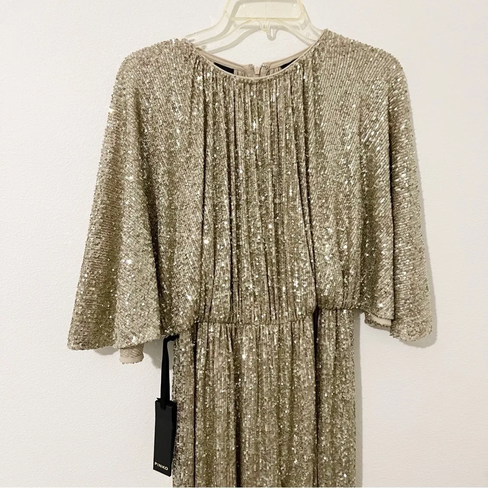 NWT PINKO Aquarius Gold Sequin Jumpsuit Flared Sleeve Wide Leg Cocktail US 6 - Image 11