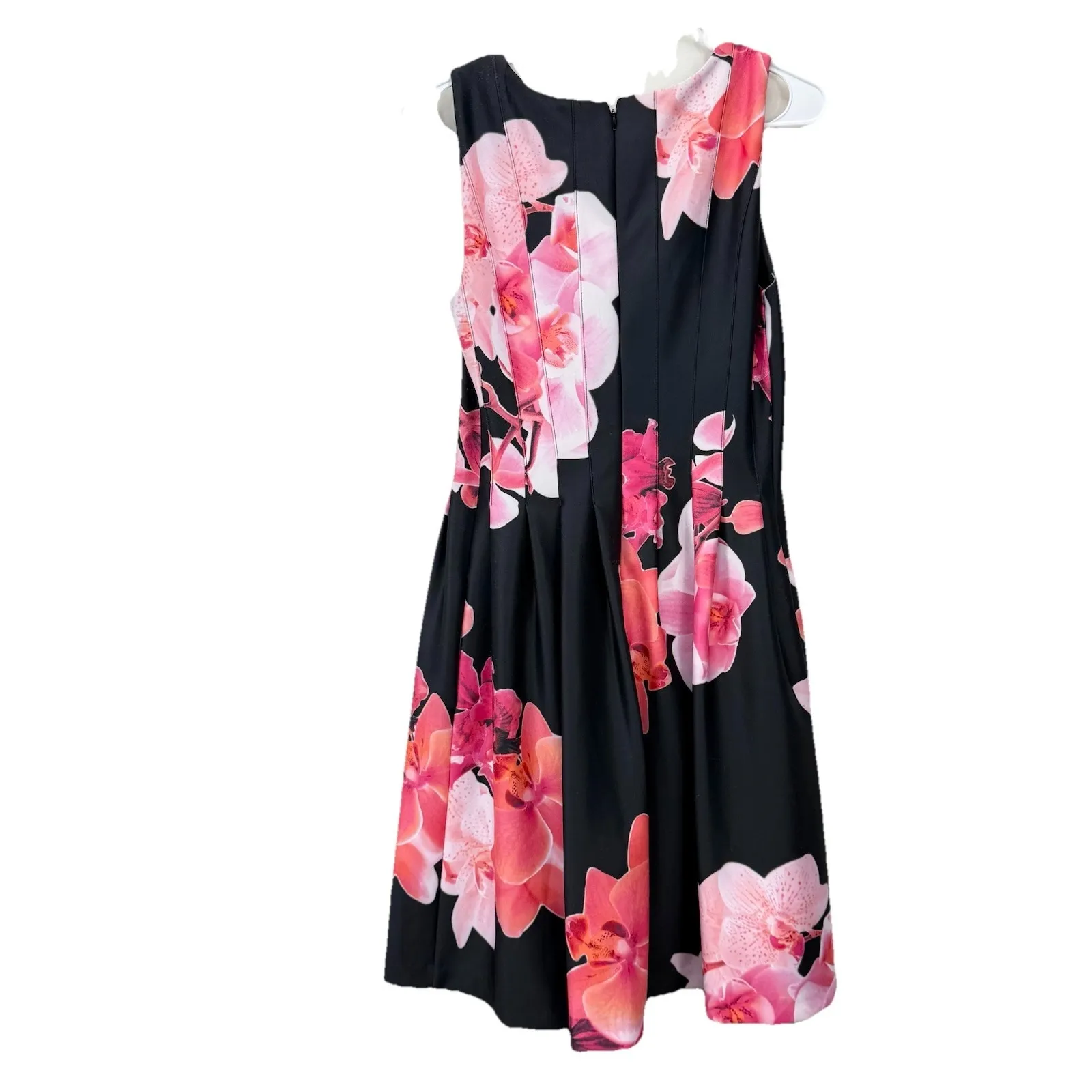 Calvin Klein Coral Pink Floral Sleeveless Pleated Scuba Flare Dress Pockets 16W - Image 5