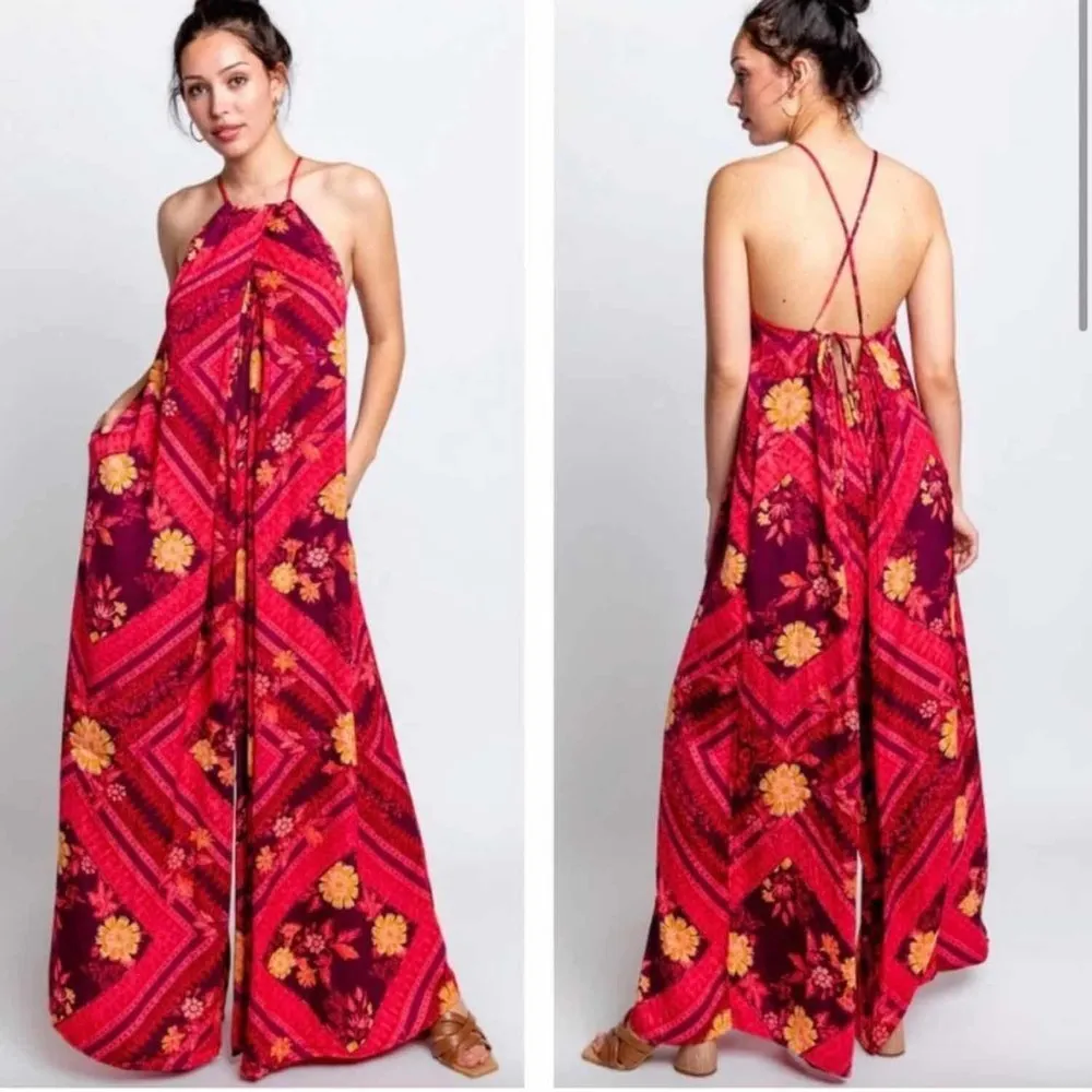 Free People Luca Floral Halter Neck Wide Leg Jumpsuit Size Small - Image 10