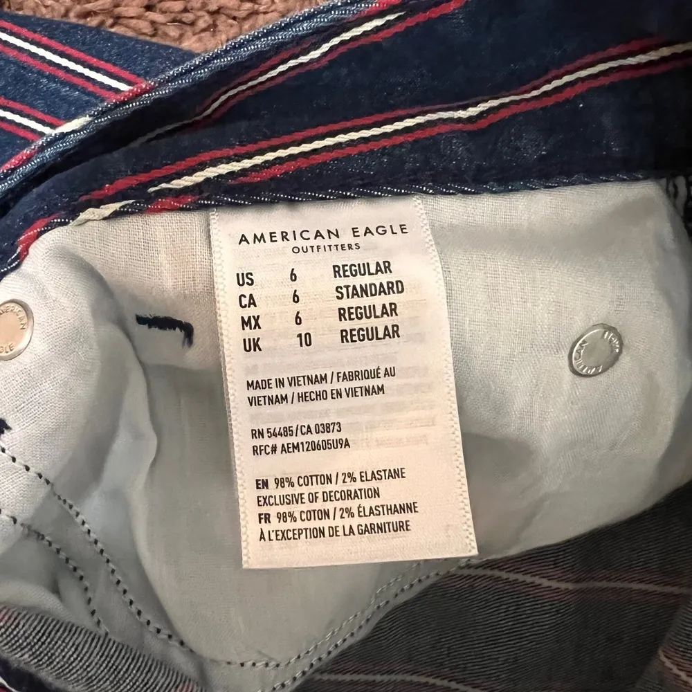 American Eagle Womens Mini Skirt Striped Denim Cotton Hi Rise Raw Hem 6 Blue Red - Image 6