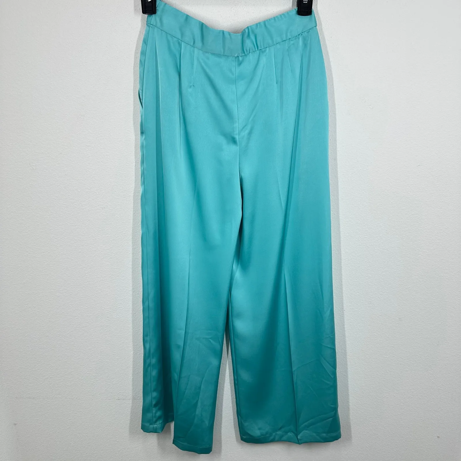 Tahari‎ Aqua Blue Satin Wide Leg Trouser Pants Women's Size 4 Elastic Waist - Image 8