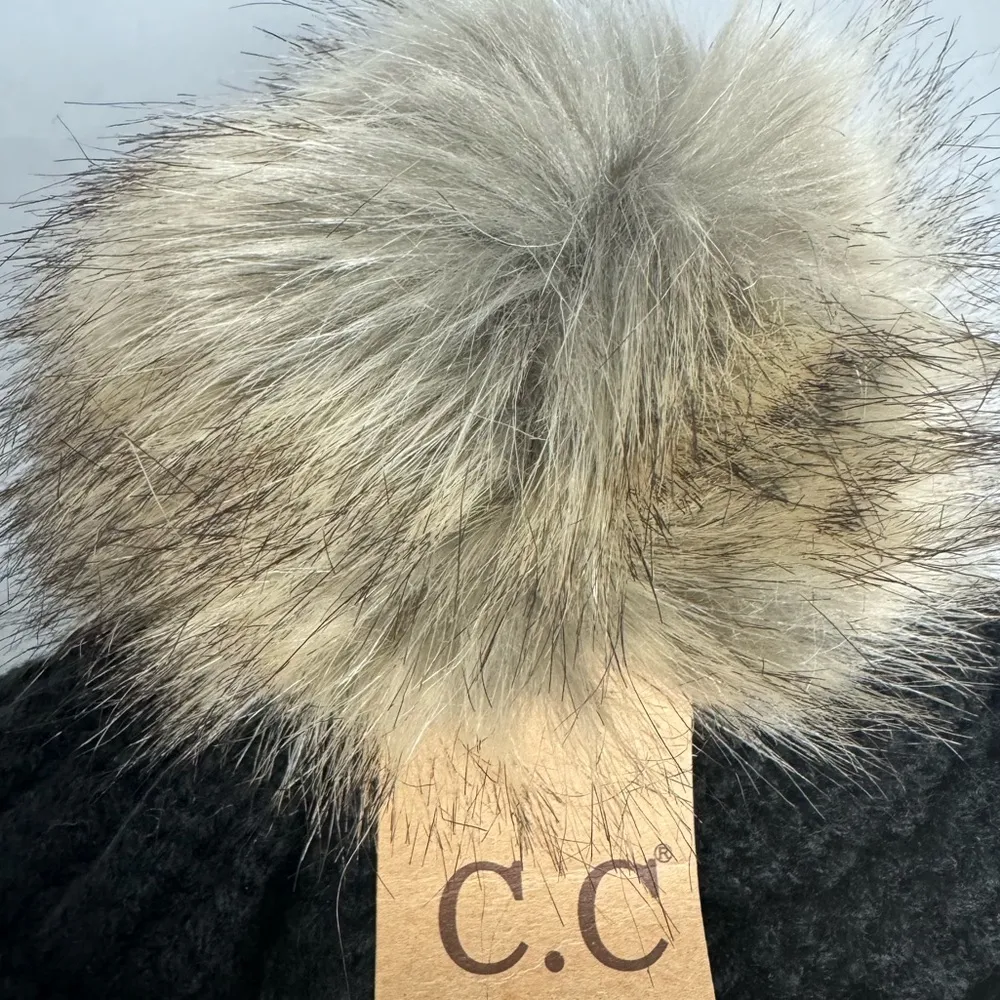 C.C Soft Stretch Ribbed Cable Knit Faux Super Soft Pom Beanie Hat Unisex OS BWT Black - Image 7