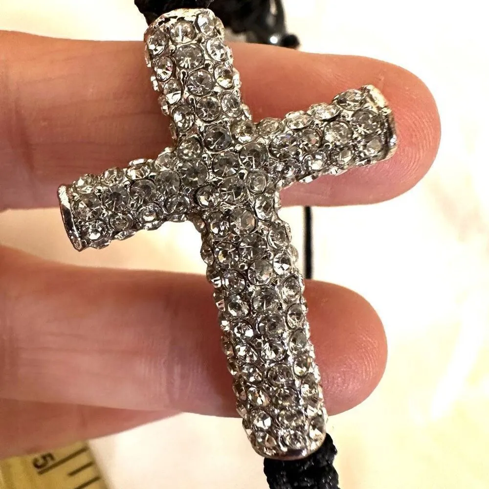 Rhinestone cross black cord adjustable bracelet Silver - Image 9