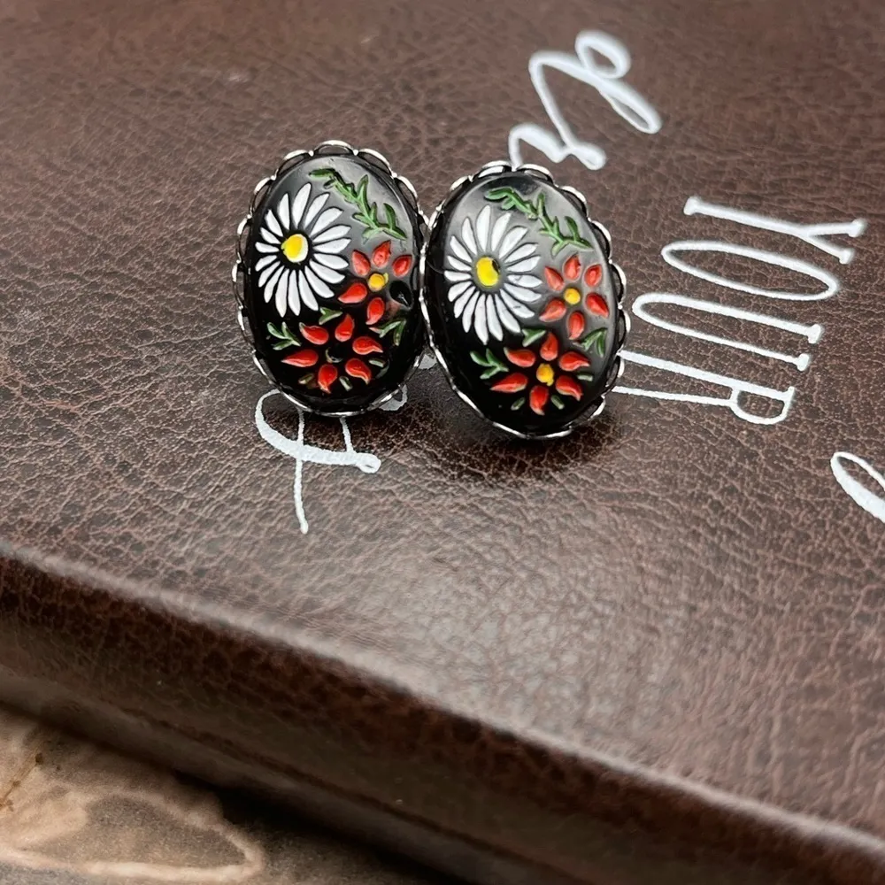 Handmade Earrings w/ Vintage Floral Cabochons Daisy Red Black Stainless Steel - Image 6