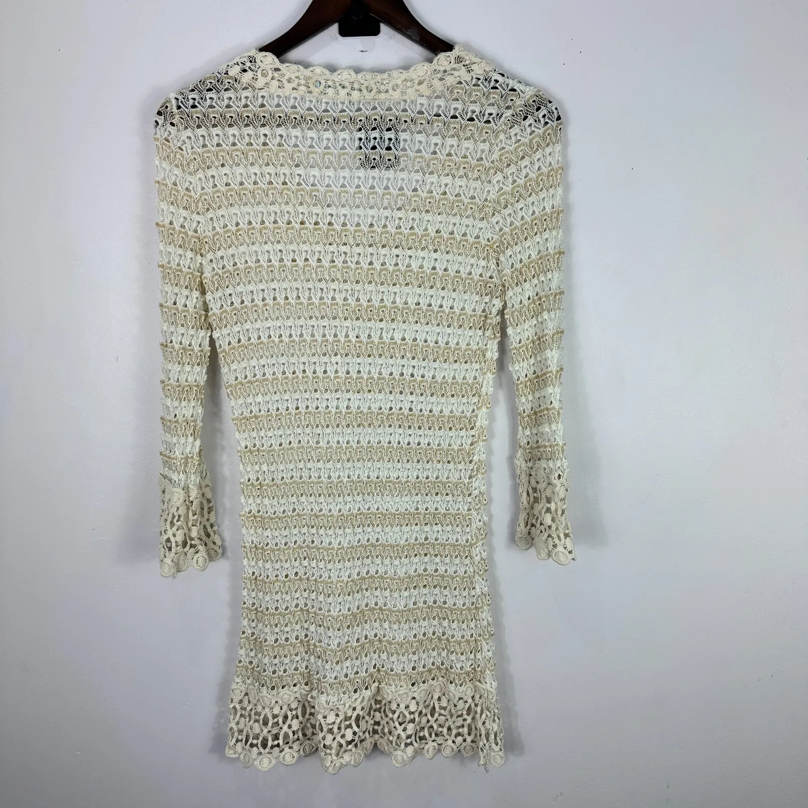 Solitaire Swim Cover Up L Crochet Knit Ivory‎ Metallic Trim Festival Boho Beach - Image 3