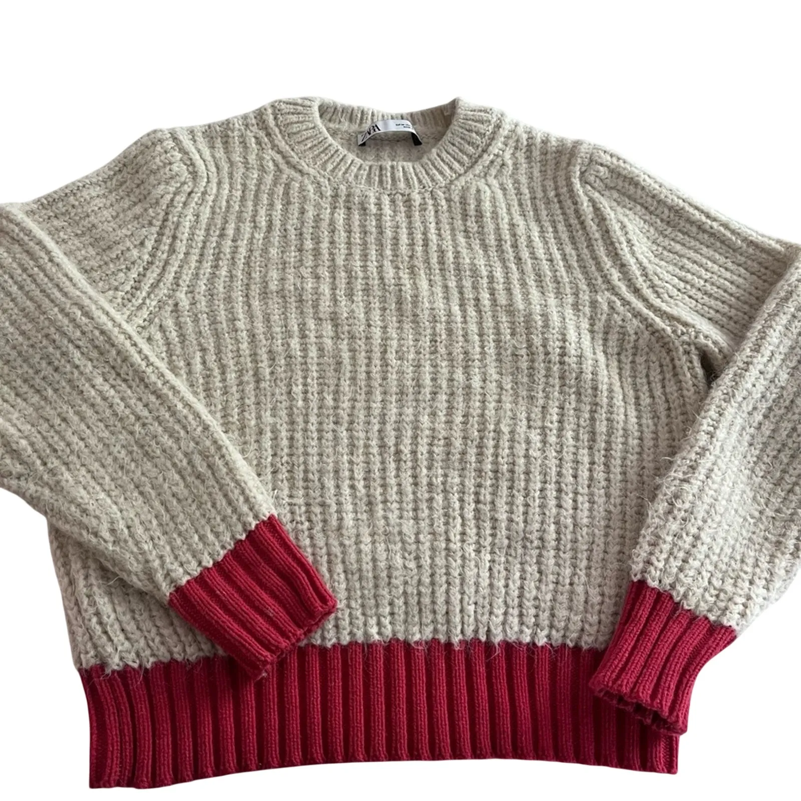 Zara Rib Knit Sweater Cream Tan Contrast Trim Preppy Size Small - Image 2