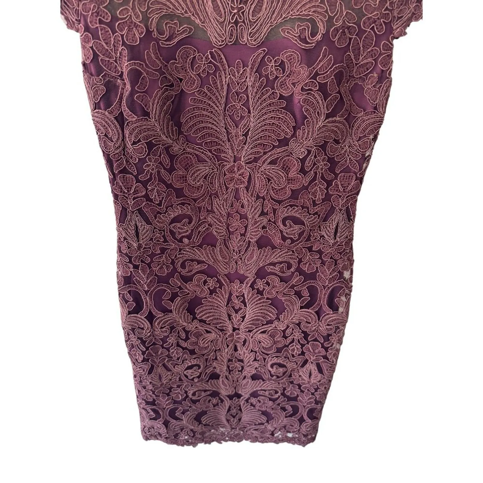 Tadashi Shoji‎ Embroidered Illusion Yoke Lace Sheath Dress Blackberry Size 2 - Image 6