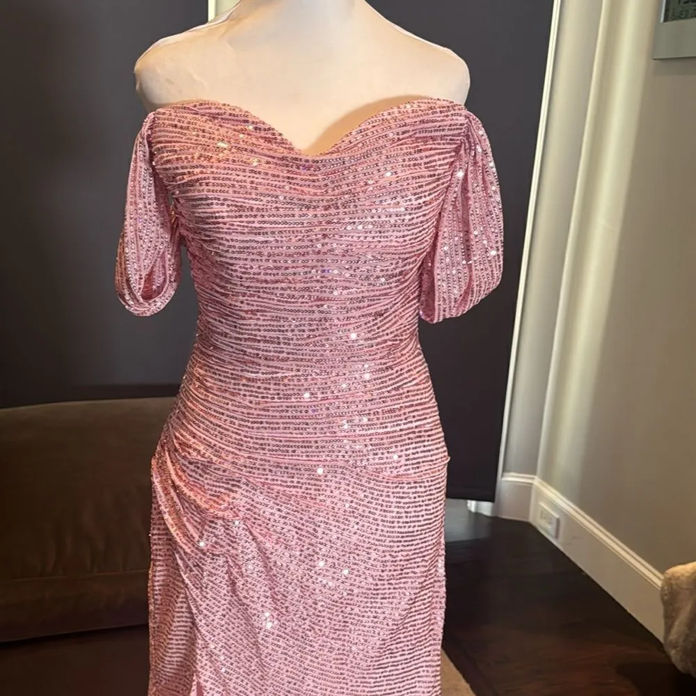 Women’s Pink Sequined Off the Shoulder Prom Party Dress Leg Slit Zip Back Size 2 - Image 2