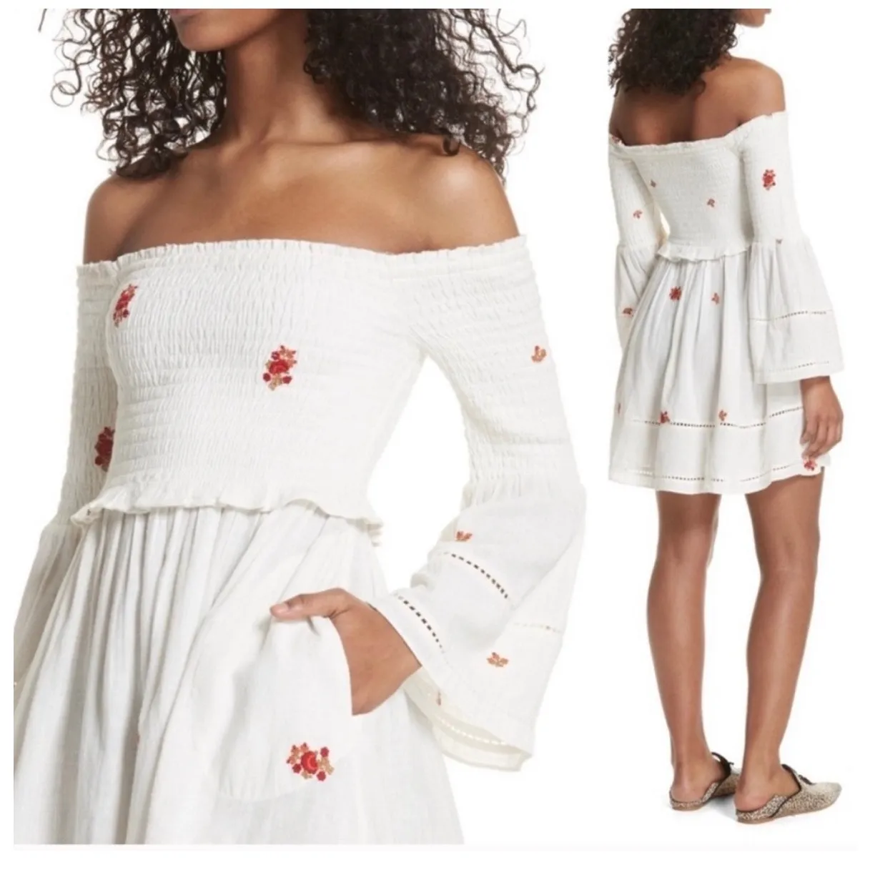 Free People Counting Daisies Size Medium White Embroidered Off Shoulder Boho - Image 14