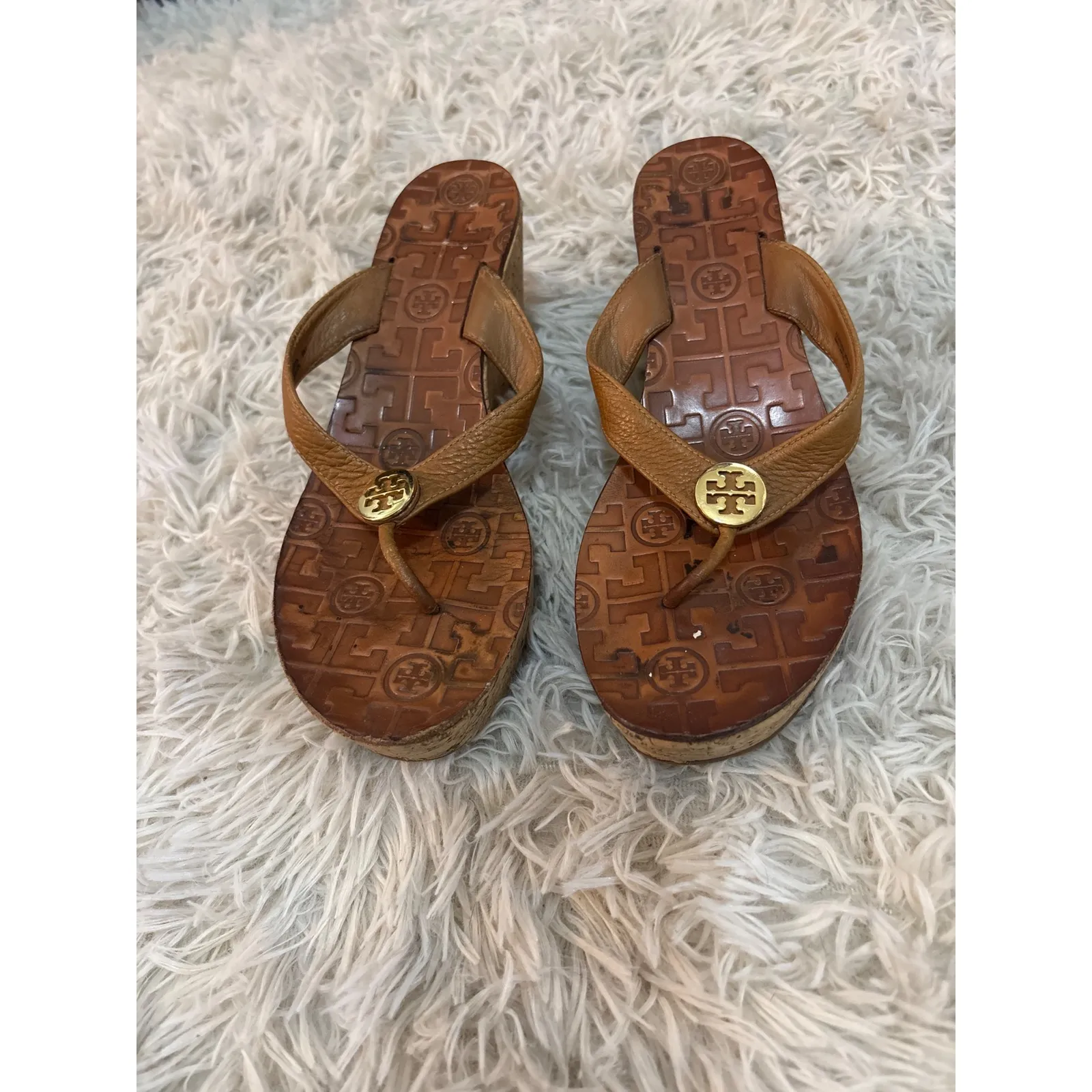 Tory Burch Wedge Flip Flops Tan Leather Cork Platform Thong Sandals Women's 8 - Image 3