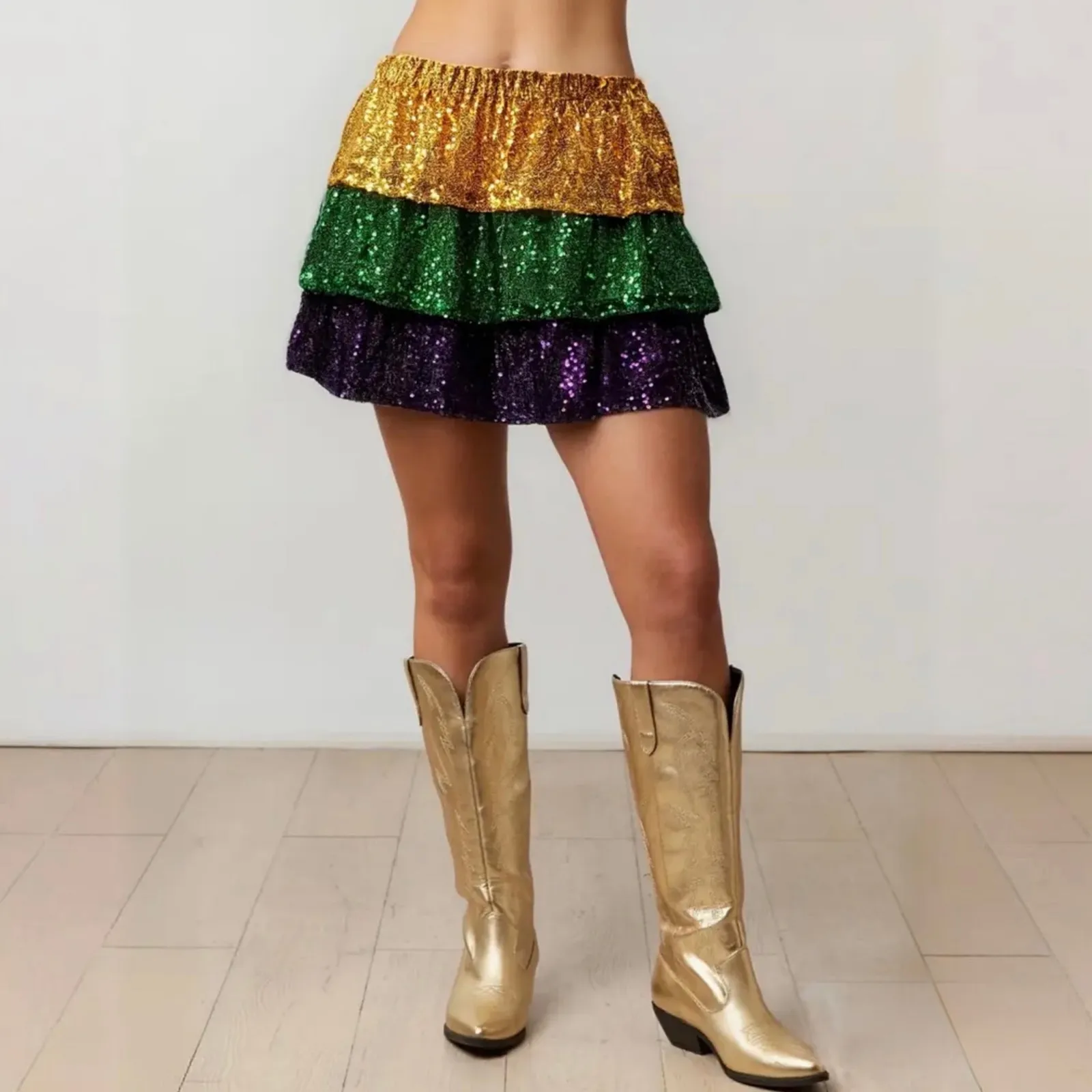 NEW Mardi Gras Sequin Tiered Party Skirt Purple Green Gold Layered Sparkle Small - Image 3