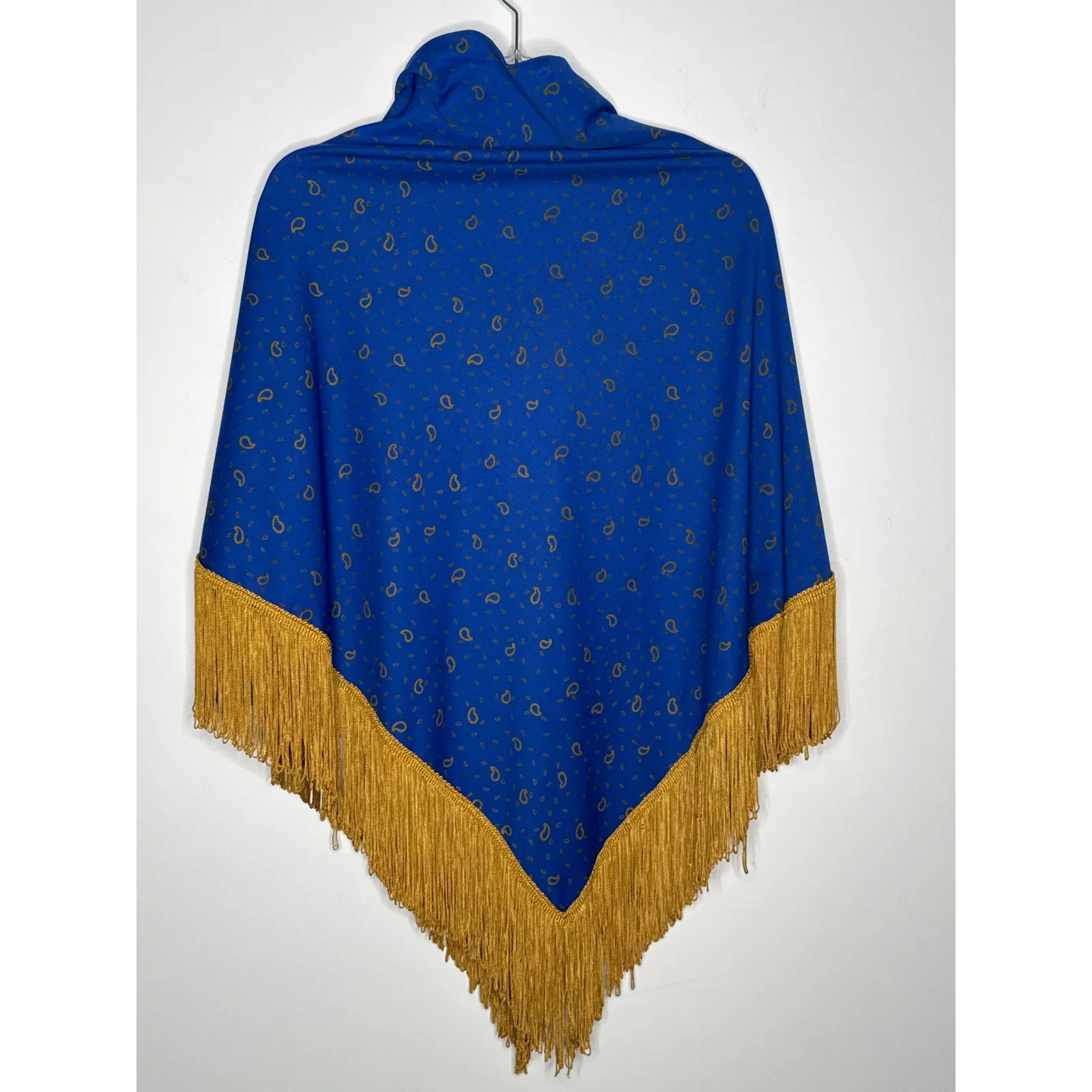 1970s Alfred Shaheen Blue Paisley Jumpsuit Set w Fringe Shawl medium - Image 5