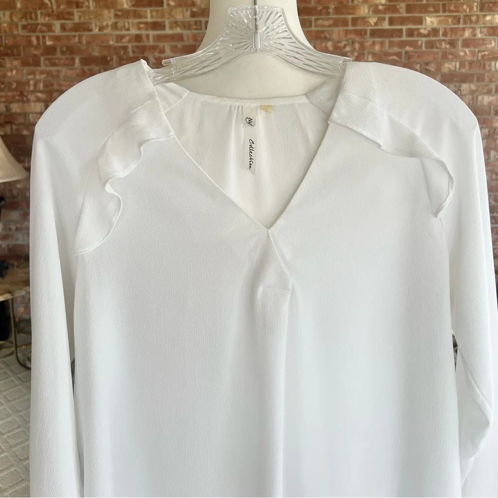 NY Collection Top Ruffles Crepe Long Sleeve White V-Neck Blouse S Work Date Chic - Image 3