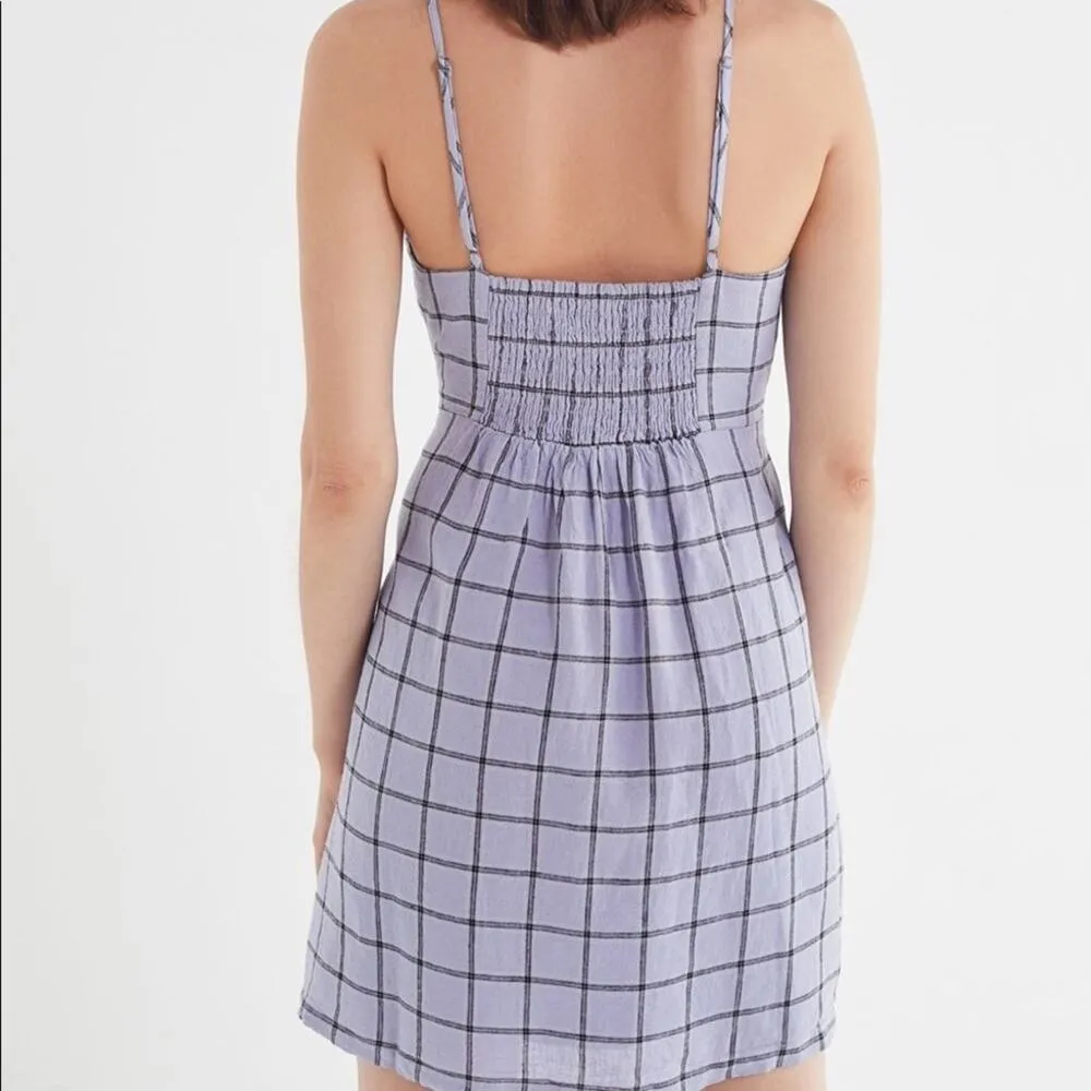 Urban Outfitters Amanda Linen Mini Dress XS Purple Plaid Check Belted Wrap - Image 12