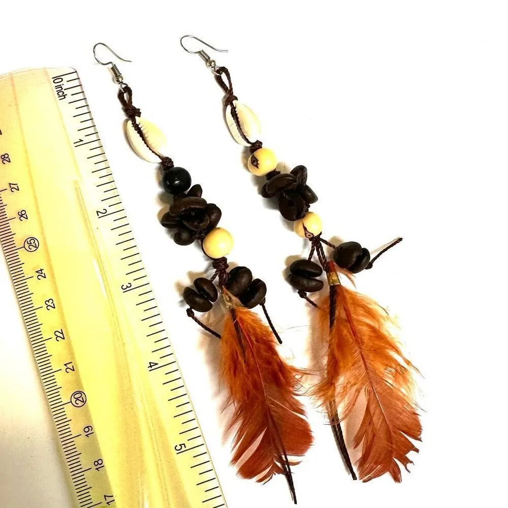 Mexican Coffee Bean shell Extra Long Feather Earrings - Image 7