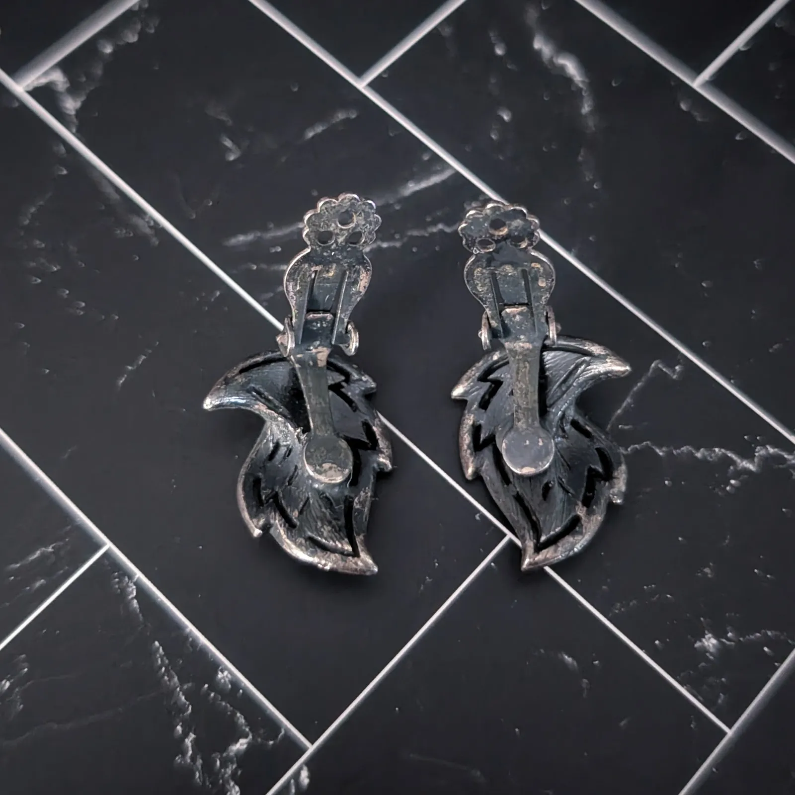 Vintage Clip On Earrings Dark Metallic Large Leaf Fall Autumn Statement - Image 5