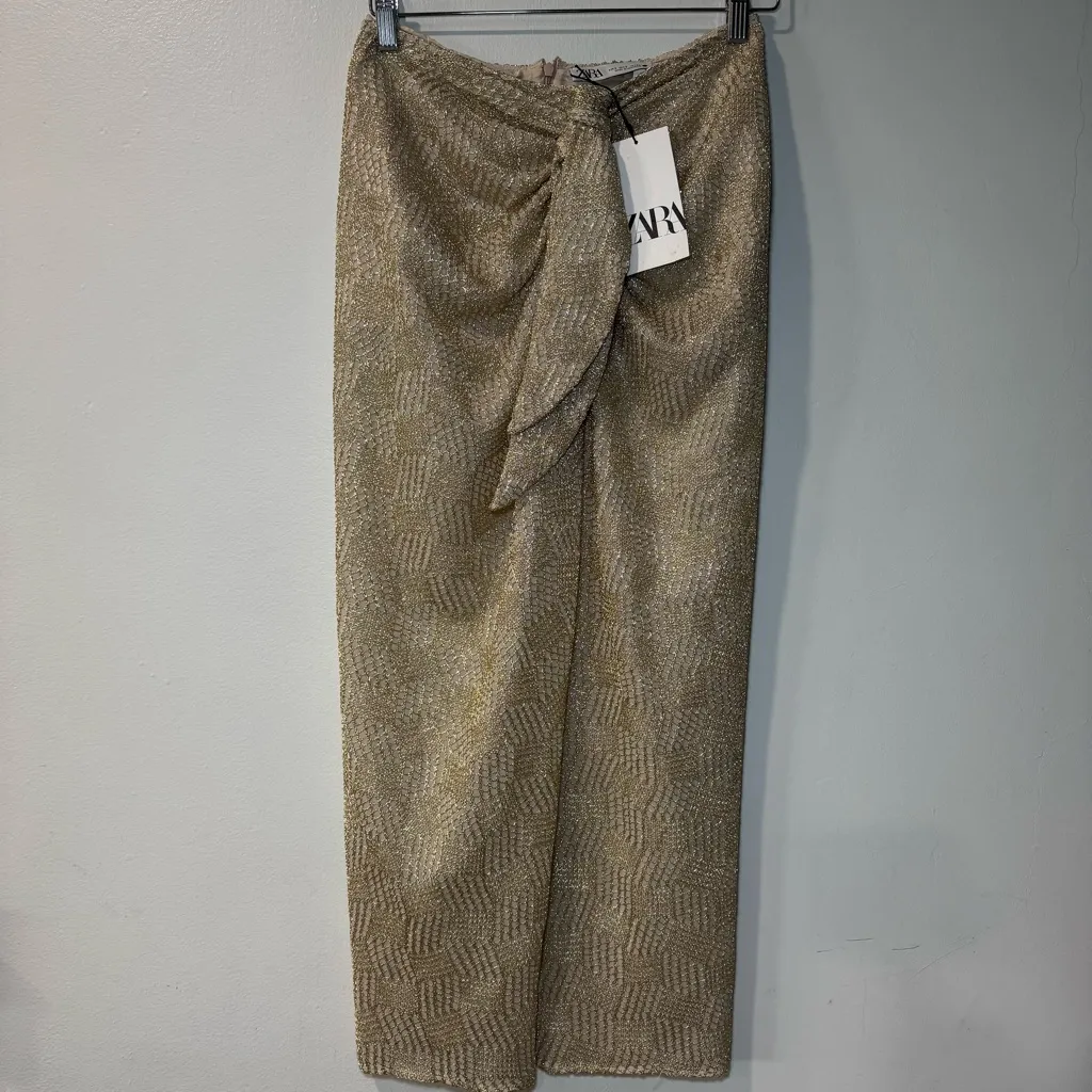 ZARA NEW WOMAN HIGH-WAIST KNOTTED MIDI SKIRT GOLD Small - Image 3