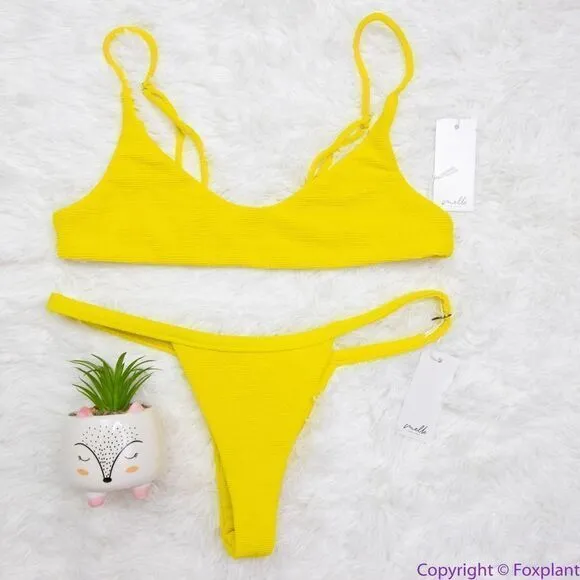 New! Set! Mello the Label yellow textured Brazilian‎ thong bottom bikini, S - Image 3