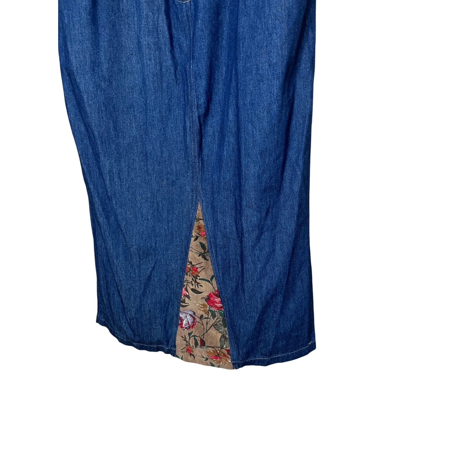 CAPACITY Women's Denim‎ Maxi Skirt Floral Corduroy Panel Slit Size L Brown - Image 2