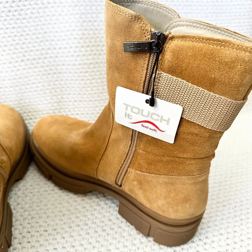 Tamaris NIB Camel Suede Miegan Double Buckle Side Lug Sole Combat Boots 38 7.5 Tan - Image 5