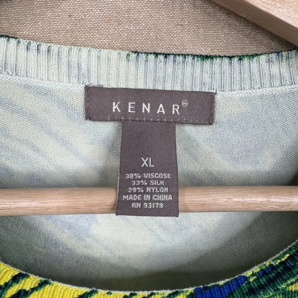 KENAR Blue Green Silk Blend Daphne Knit Top Sz XL Multicolor Print Short Sleeve - Image 6