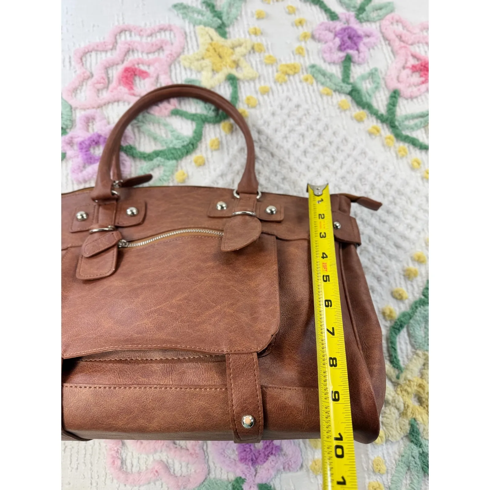 LANEIGE Brown Faux Leather Satchel Bag Tote Top Handle Purse - Image 4