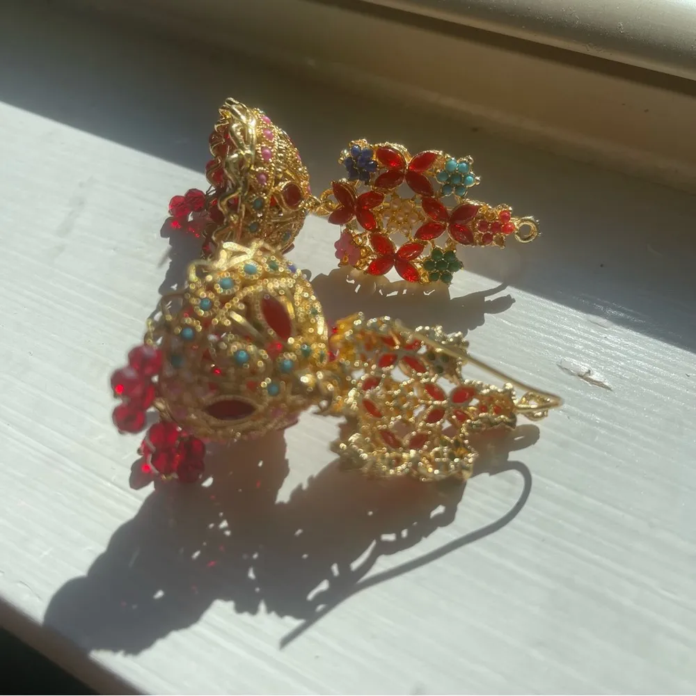 New! Pakistani Indian Bollywood beaded Necklace Choker Earrings Tikka Set Maroon Red - Image 2