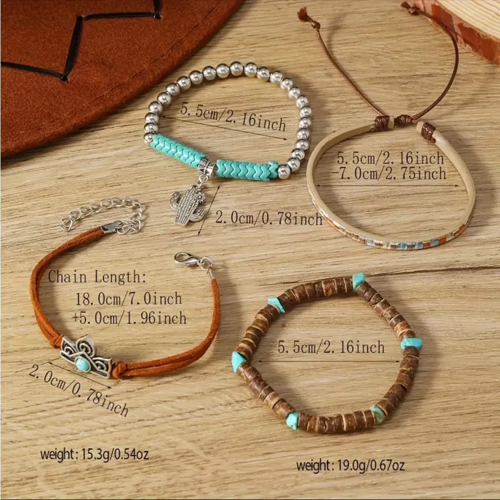Boho Chic Cactus Turquoise Wooden Bracelet‎ Set Handmade Jewelry for Any Day Brown - Image 3
