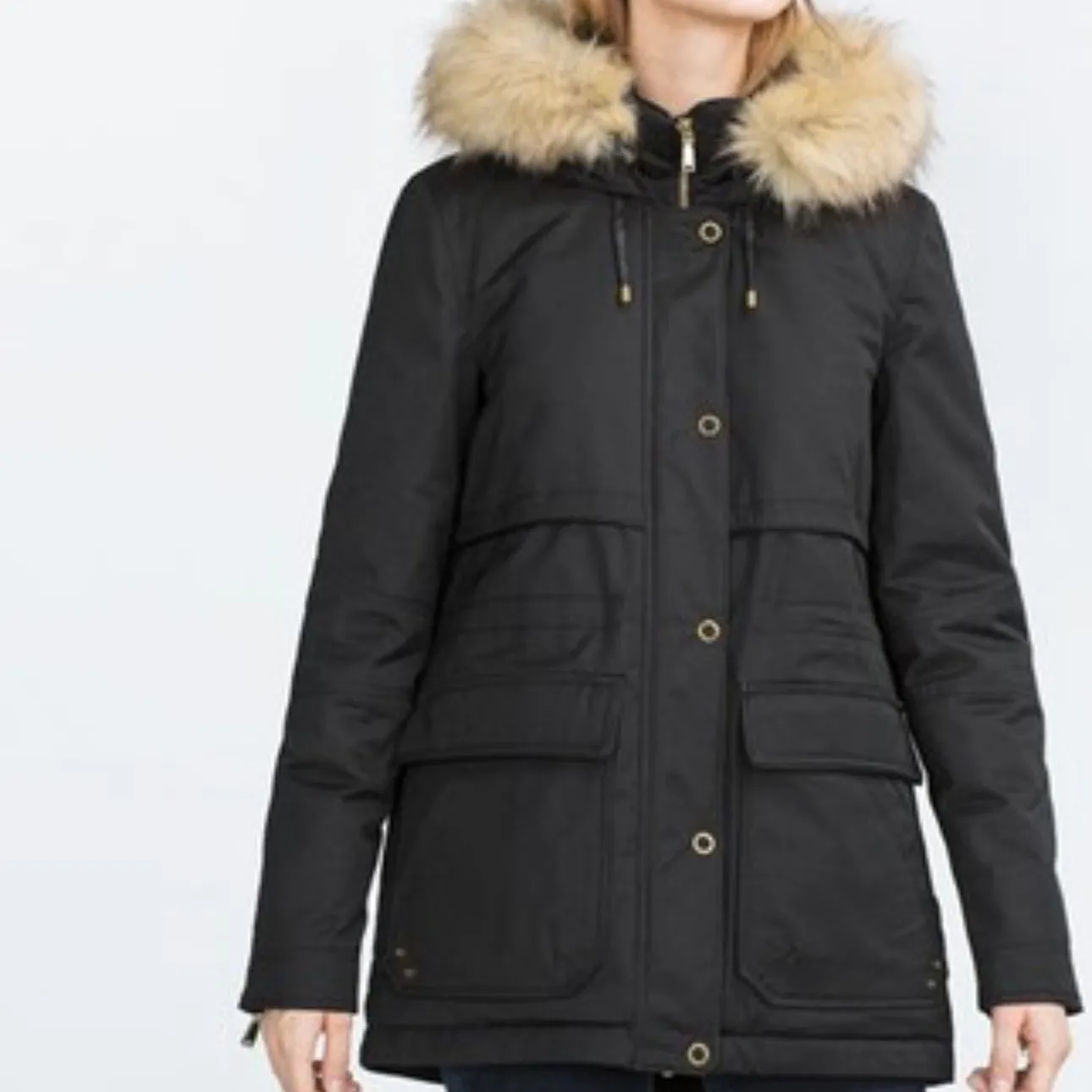 Zara Trafaluc Parka Coat Black Faux Fur‎ Size Small 3427/225/800 Winter - Image 3