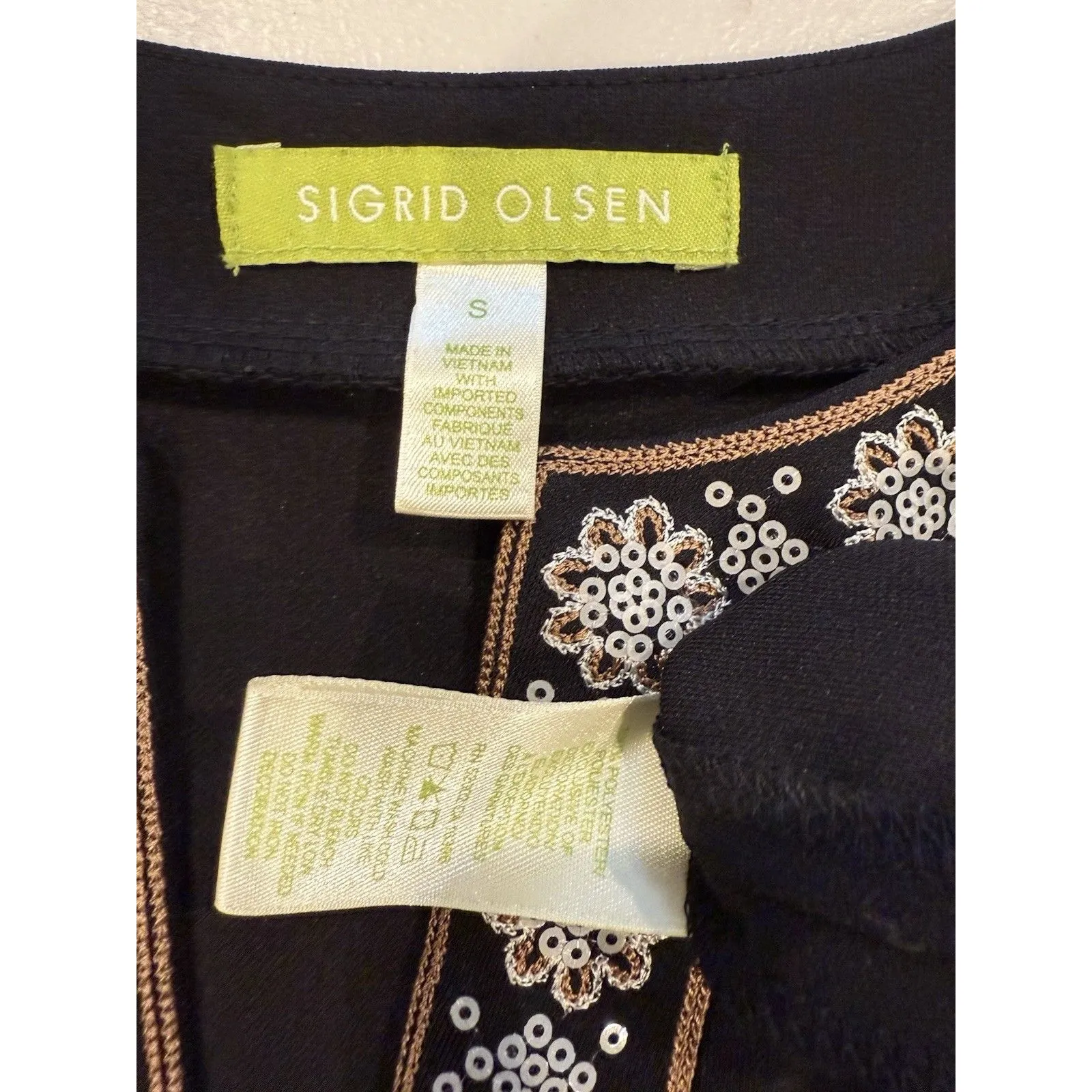 Sigrid Olsen Dress Women Small Black Sequin 3/4 Sleeve Wedding Travel Indie Boho - Image 3