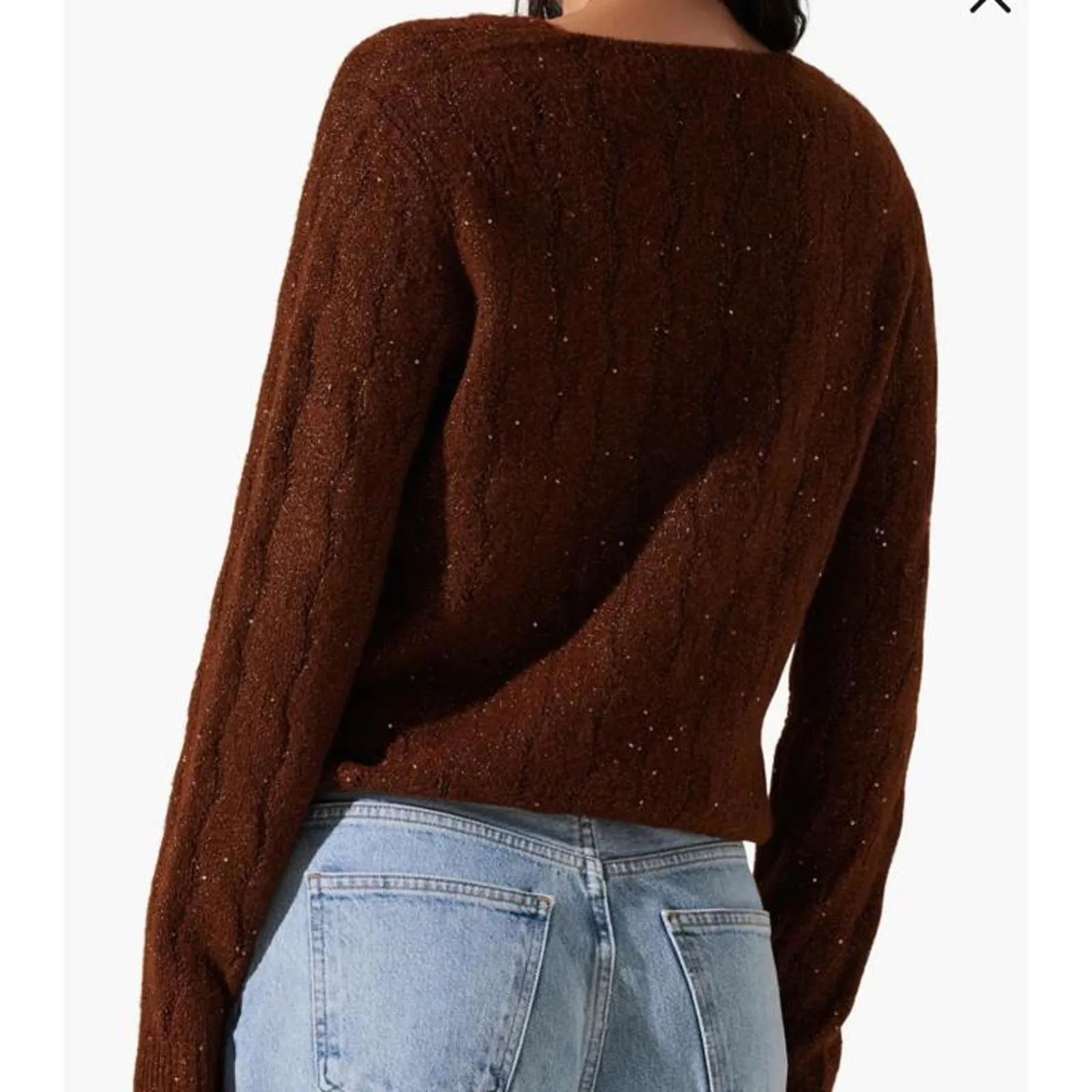 ASTR The Label Metallic Sequin Surplice Cable Stitch Sweater Copper Brown Medium - Image 13