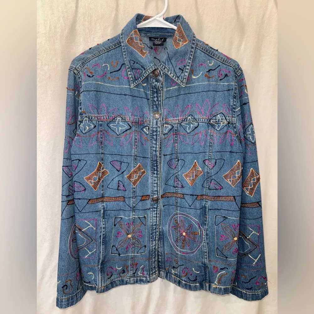 Vintage West End All Over Embroider Denim Shirt/Jacket With Pockets-Large - Image 1