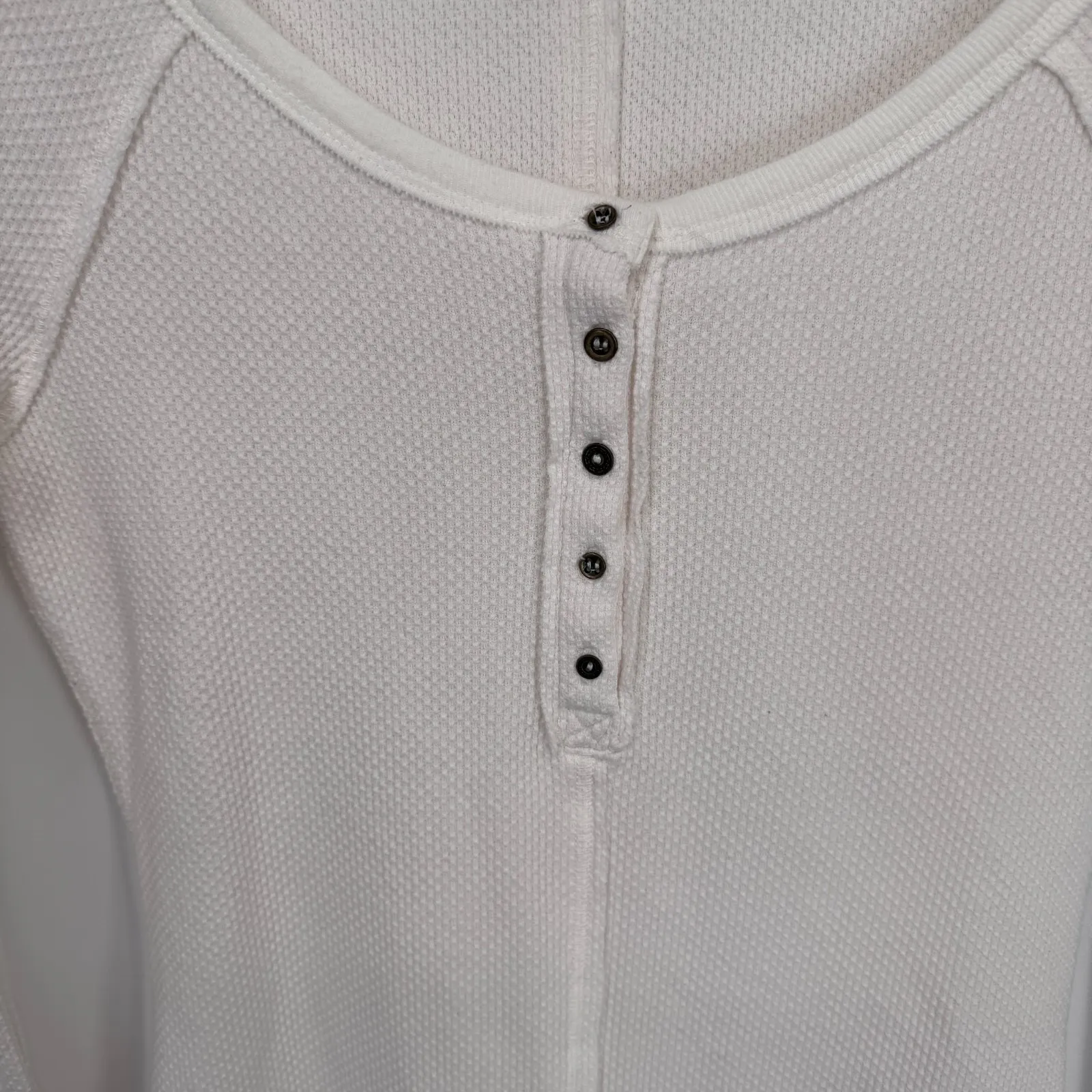 Free People Alpine Cuff Sleeve Thermal Henley Waffle Knit Women's S White Blue - Image 7