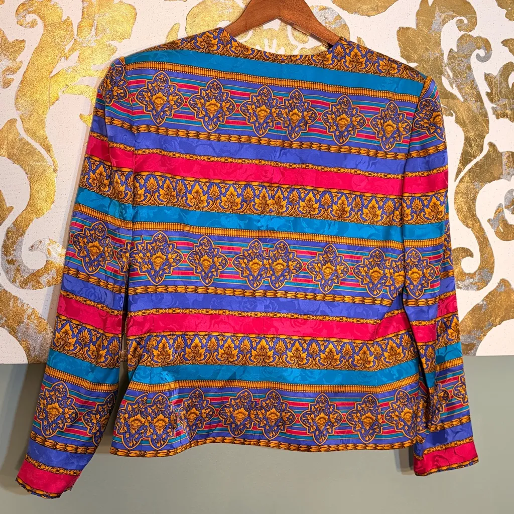 Adrianna Papell Size 14 Vintage 100% Silk Jewel Tone Paisley & Baroque Blazer - Image 7