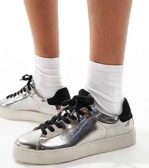 ALLSAINTS Shana Metallic Silver Low Top Shoes Trainers Sneaker Sz 8 (38) Lace Up - Image 1