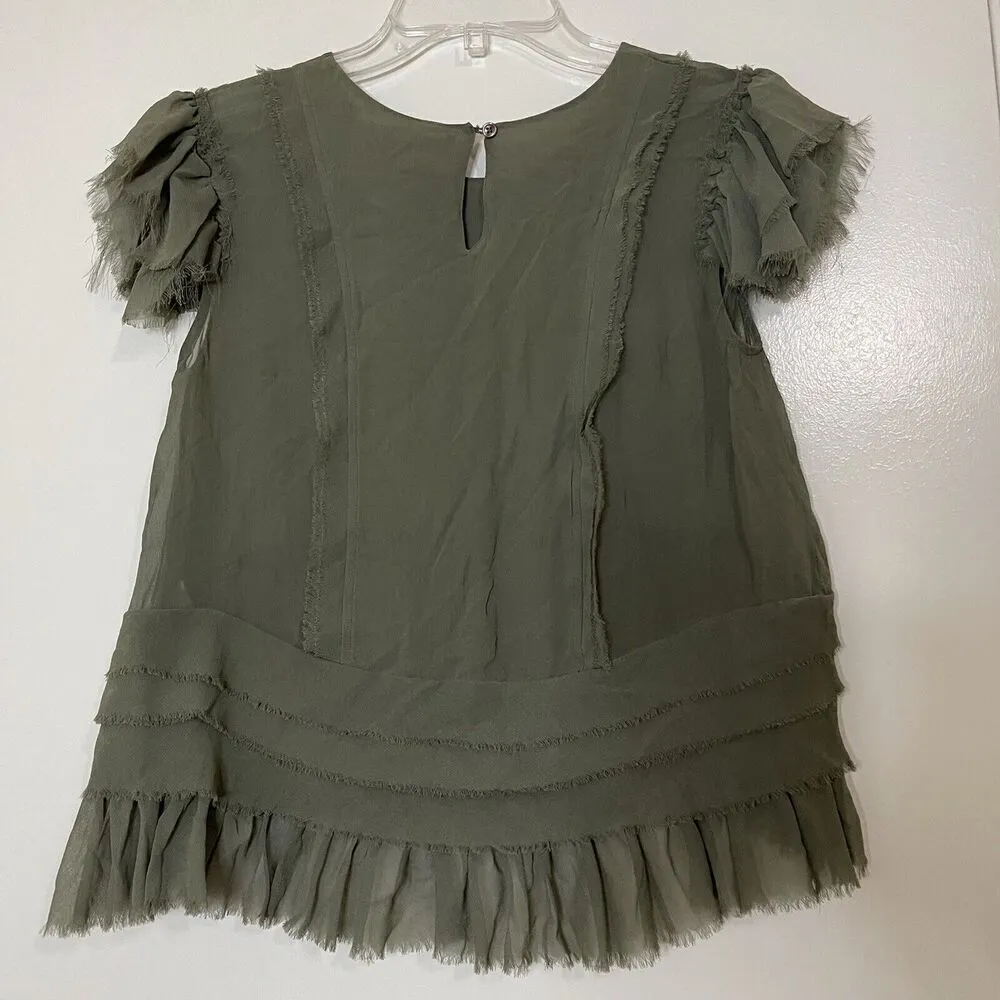 Love Shack Fancy green chiffon tiered silk short sleeve blouse top 2XS - Image 4