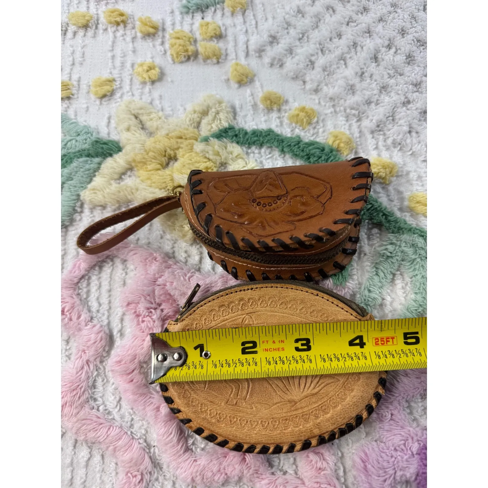 Vintage Tooled Leather Coin Purse Pouch Florida Mexico Floral Design Brown - Image 7