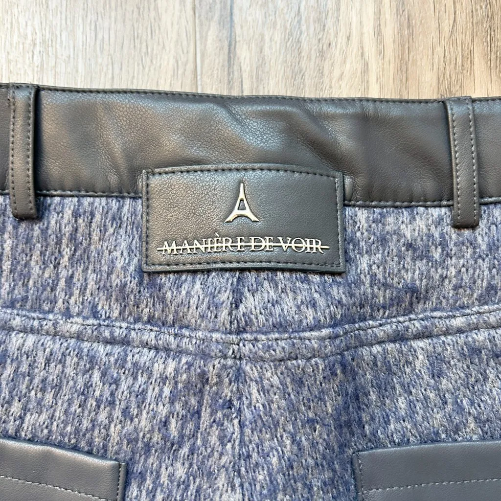 Maniere de Voir Woven Knit Straight Pants with Leather Trim in Blue Size 0 NWT - Image 11