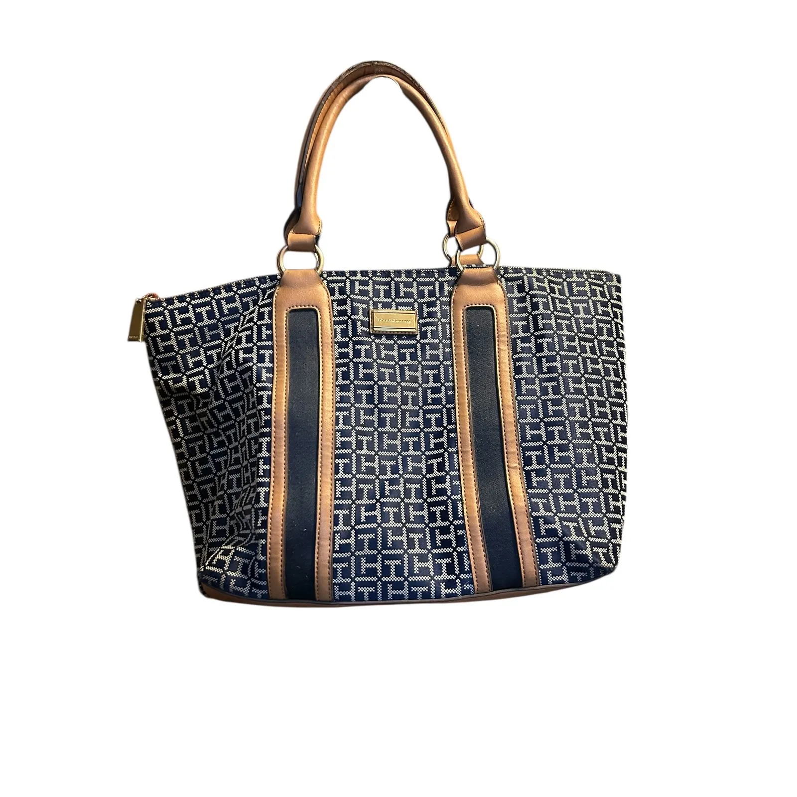 Tommy Hilfiger Tote Bag Signature Monogram Canvas Leather Trim Tan - Image 3