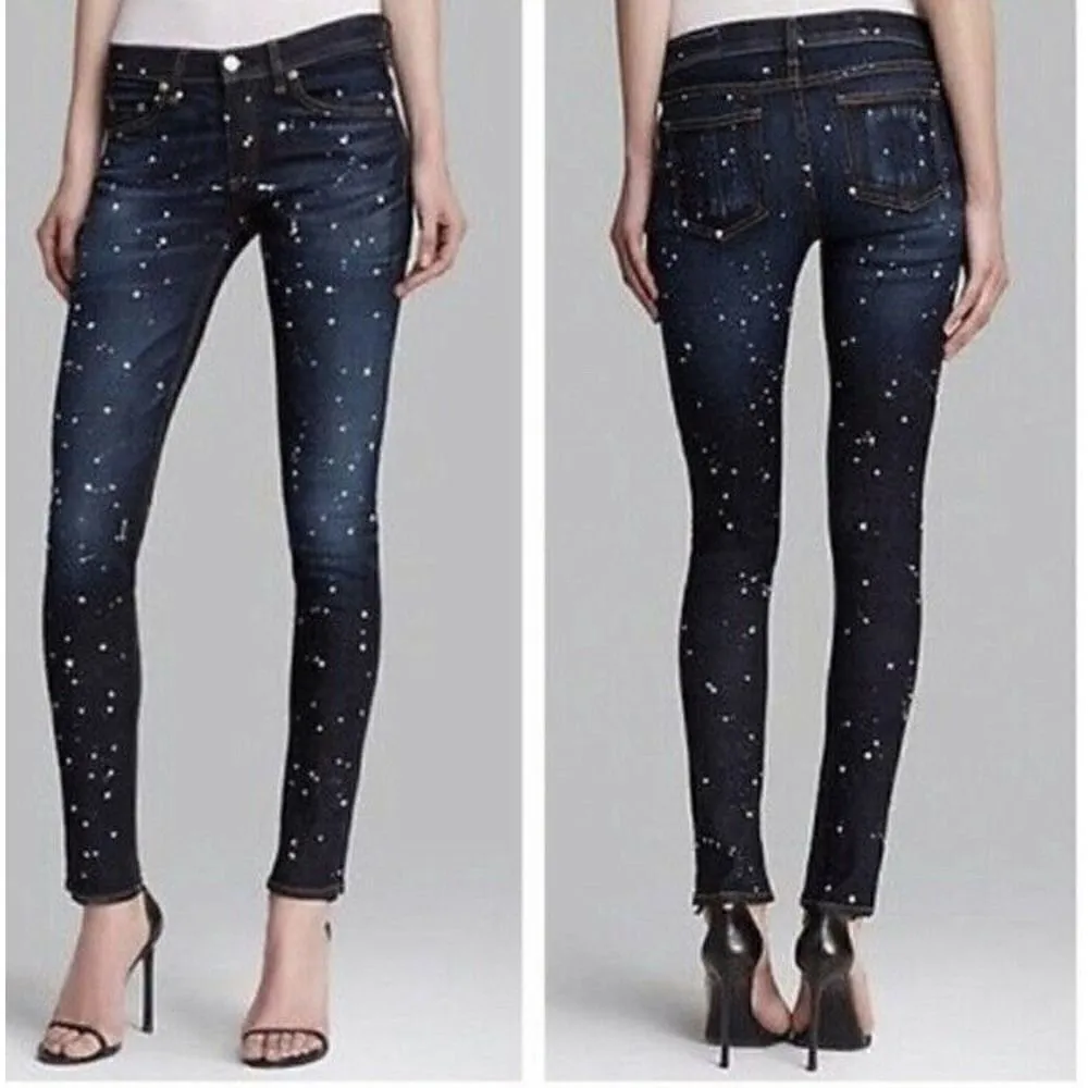 rag and bone paint splattered blue wash denim skinny low rise jeans size US 24 - Image 2