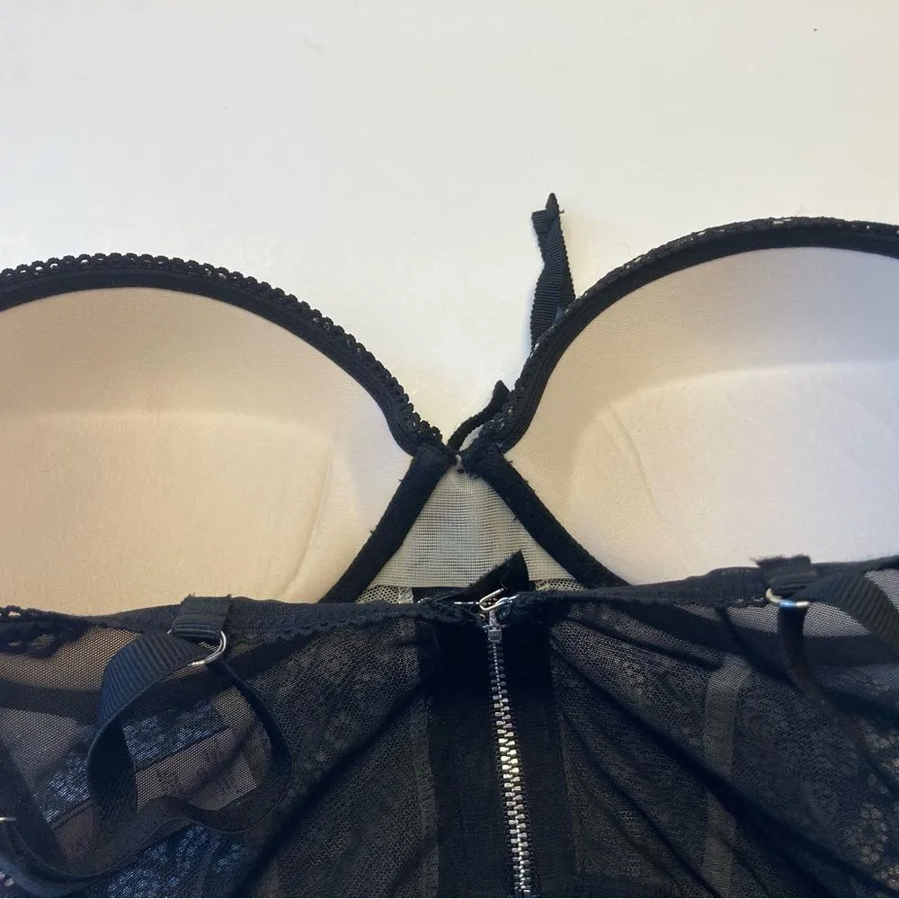Victoria's Secret Padded Demi Corset Black Lace Bustier Bra Size 32D Longline‎ - Image 8
