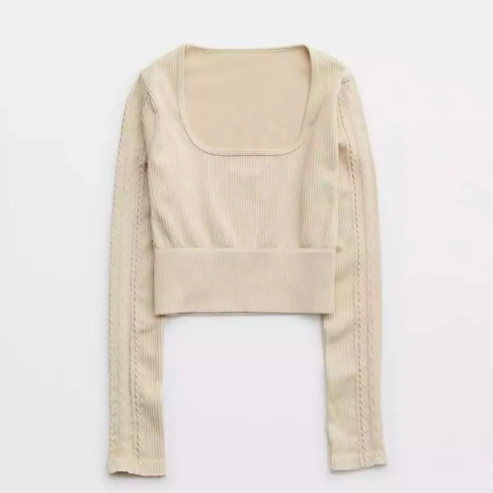 OFFLINE By Aerie Seamless Cable Square Neck long sleeve T-Shirt crop top OAT bei - Image 2