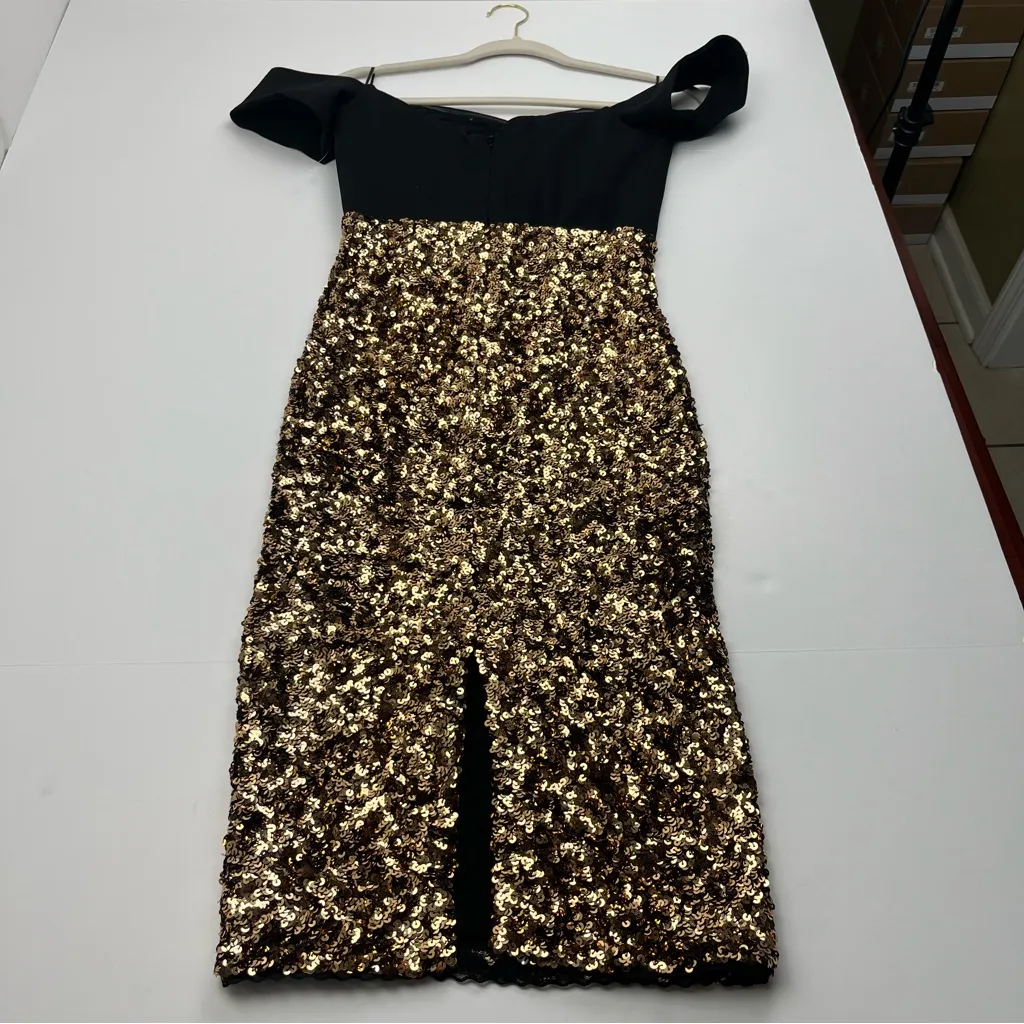 Dress the Population Bailey Sequin Dress Womens‎ XS Black Gold Bodycon Midi NWOT - Image 13