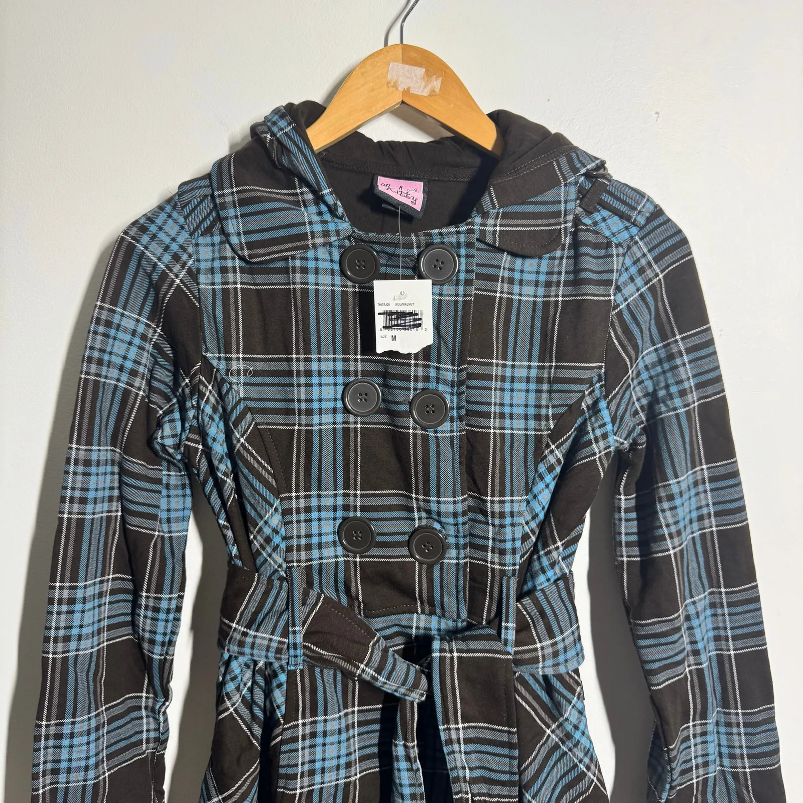 LA Kitty Y2K Hooded Jacket Juniors M Brown Blue Dead Stock Preppy Plaid Pocket Size M - Image 3