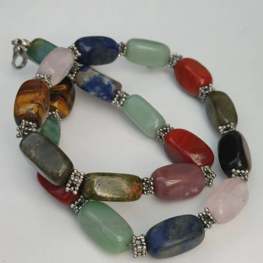 Multicolor Gemstone Beaded Necklace With Silver Accents Adjustable Chain - Image 3