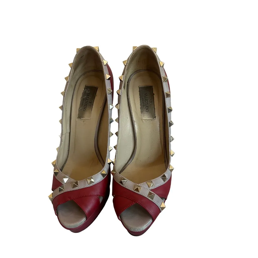 Valentino Garavani Rockstud Red Beige High Heel Pumps Shoes Sandals Size 38.5 - Image 2